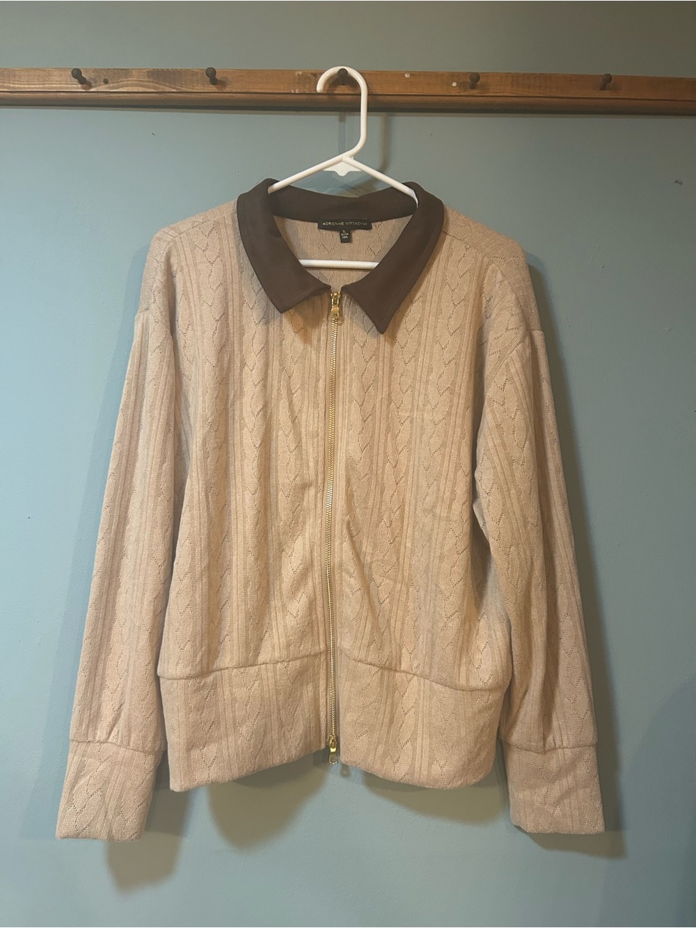Cream Cable-Knit Zip Front Jacket with Brown Suede Collar